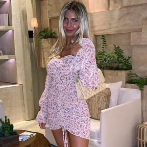 Princess Polly Azure Cinch Ruched Bodycon Mini Dress Pink Floral Size 4
